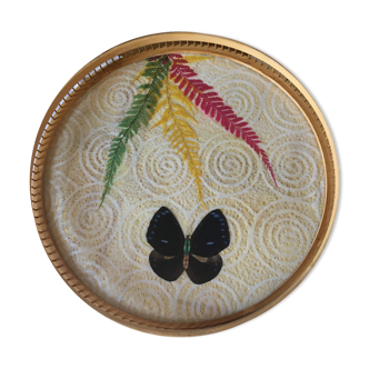 Vintage bamboo tray decorated with ferns and butterflies