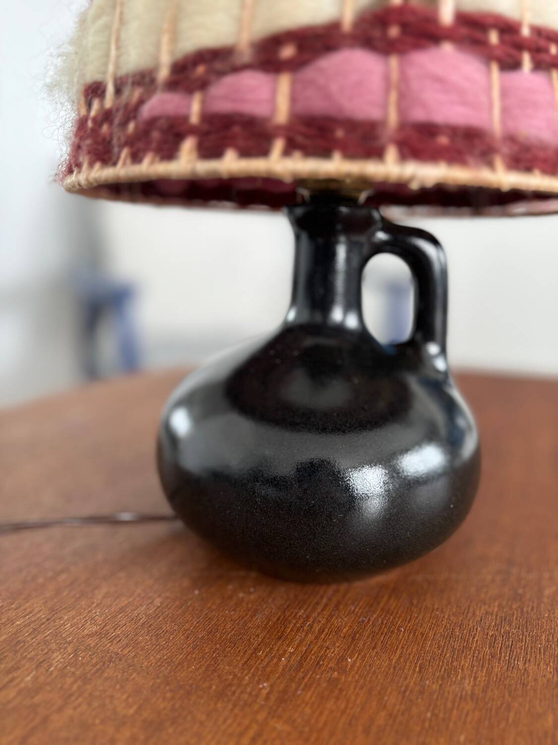 Vintage black ceramic lamp with hand-woven wool shade