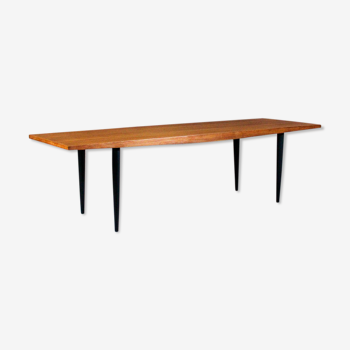 Table basse scandinave rectangle en teck, pieds compas, circa 1965