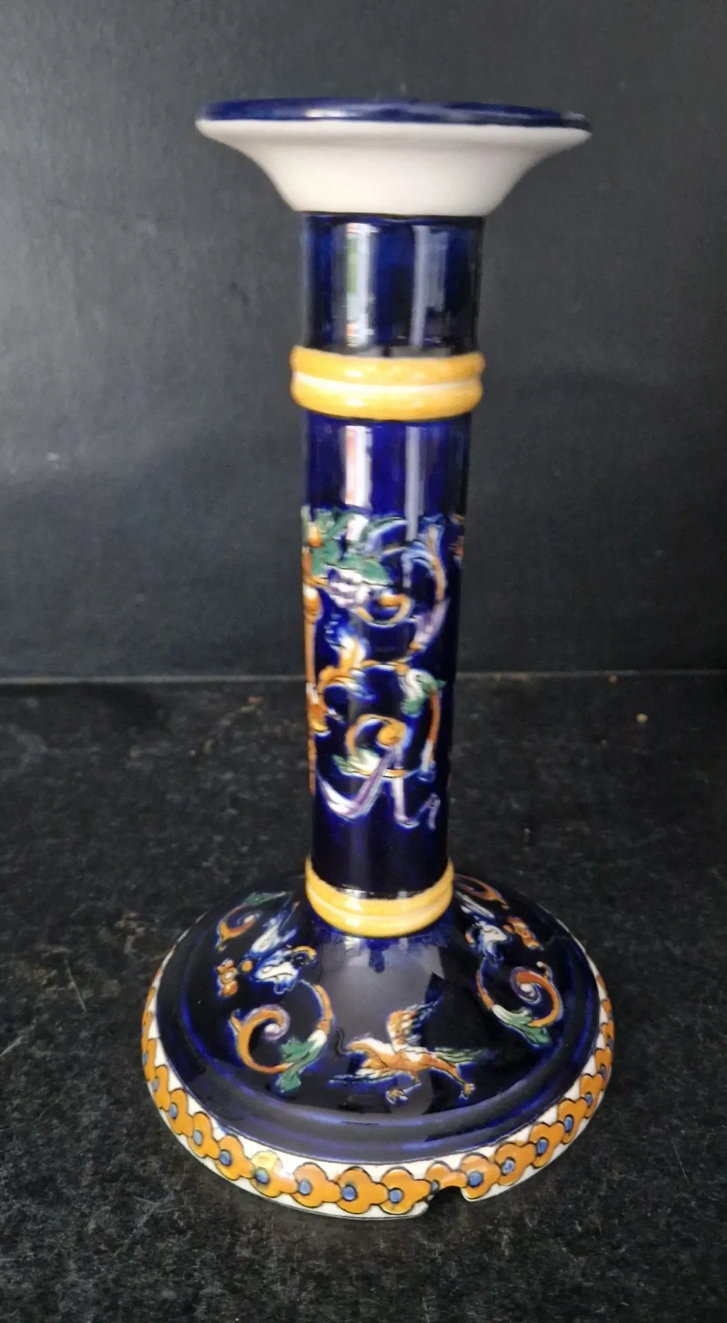 Antique candlestick Faïence from Gien - Renaissance Decor Blue Background - Painted
