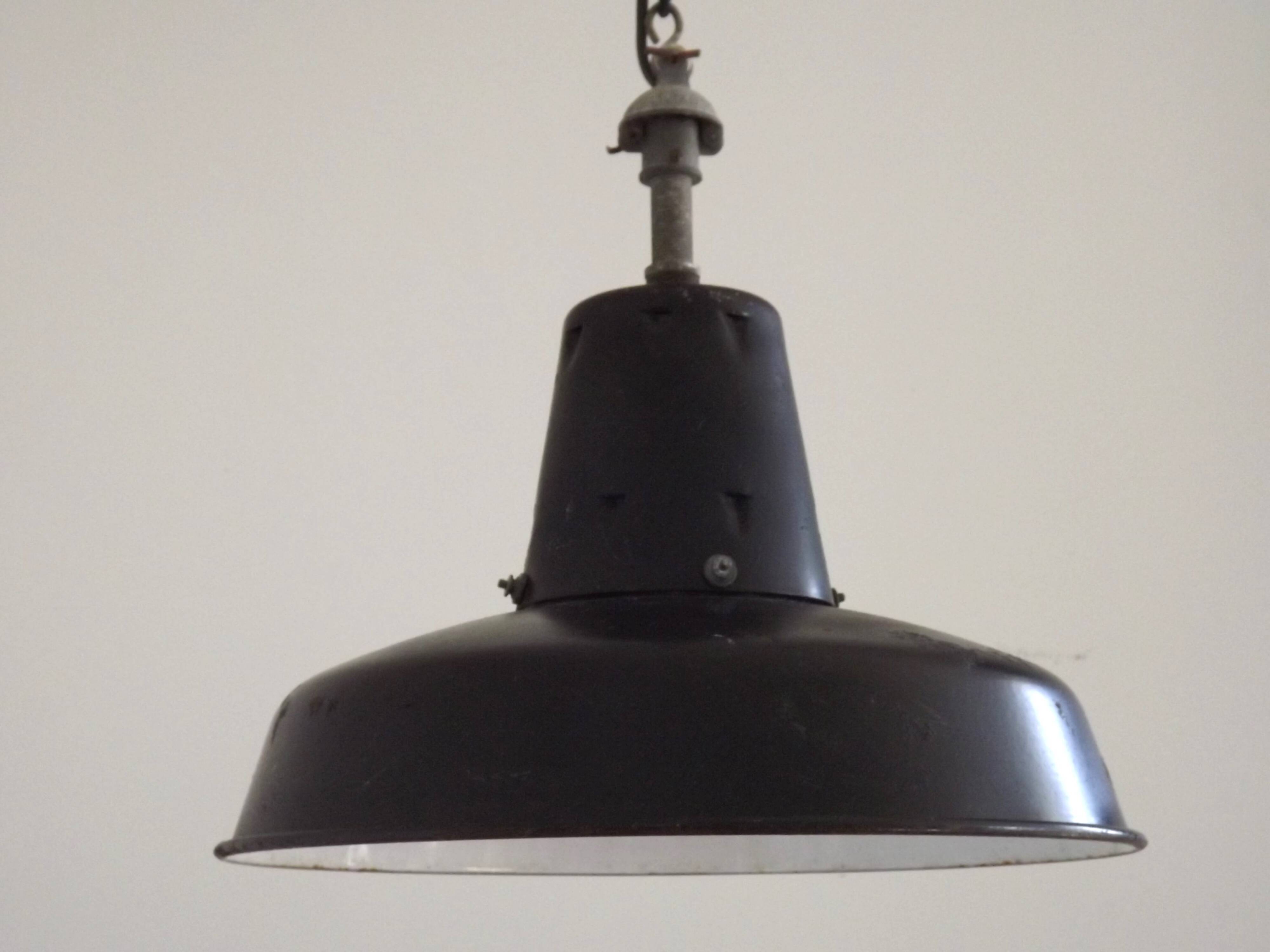 Enameled pendant workshop “reflecto-lux” hanging light, 1950s france