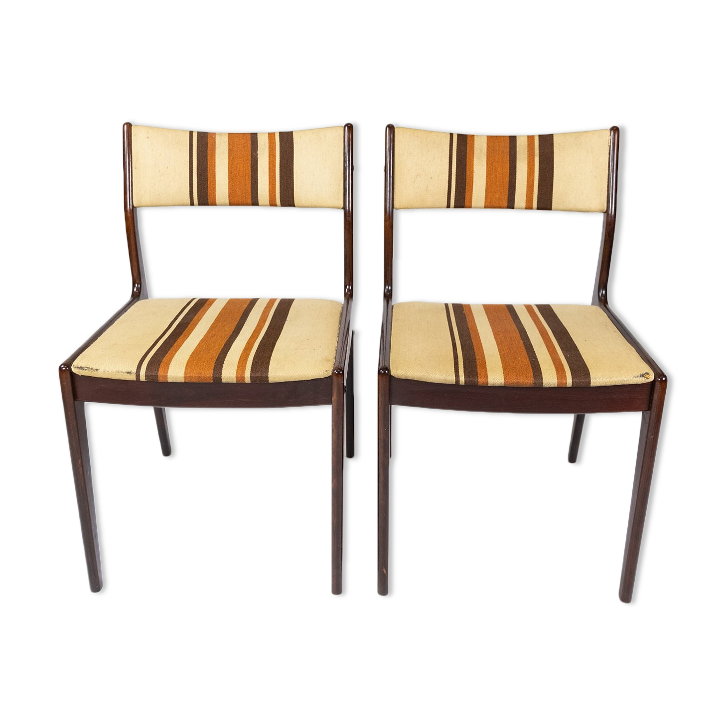 Pair of chairs in dark wood upholstered with light striped fabric of danish design