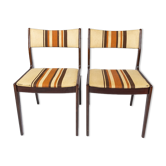 Pair of chairs in dark wood upholstered with light striped fabric of danish design