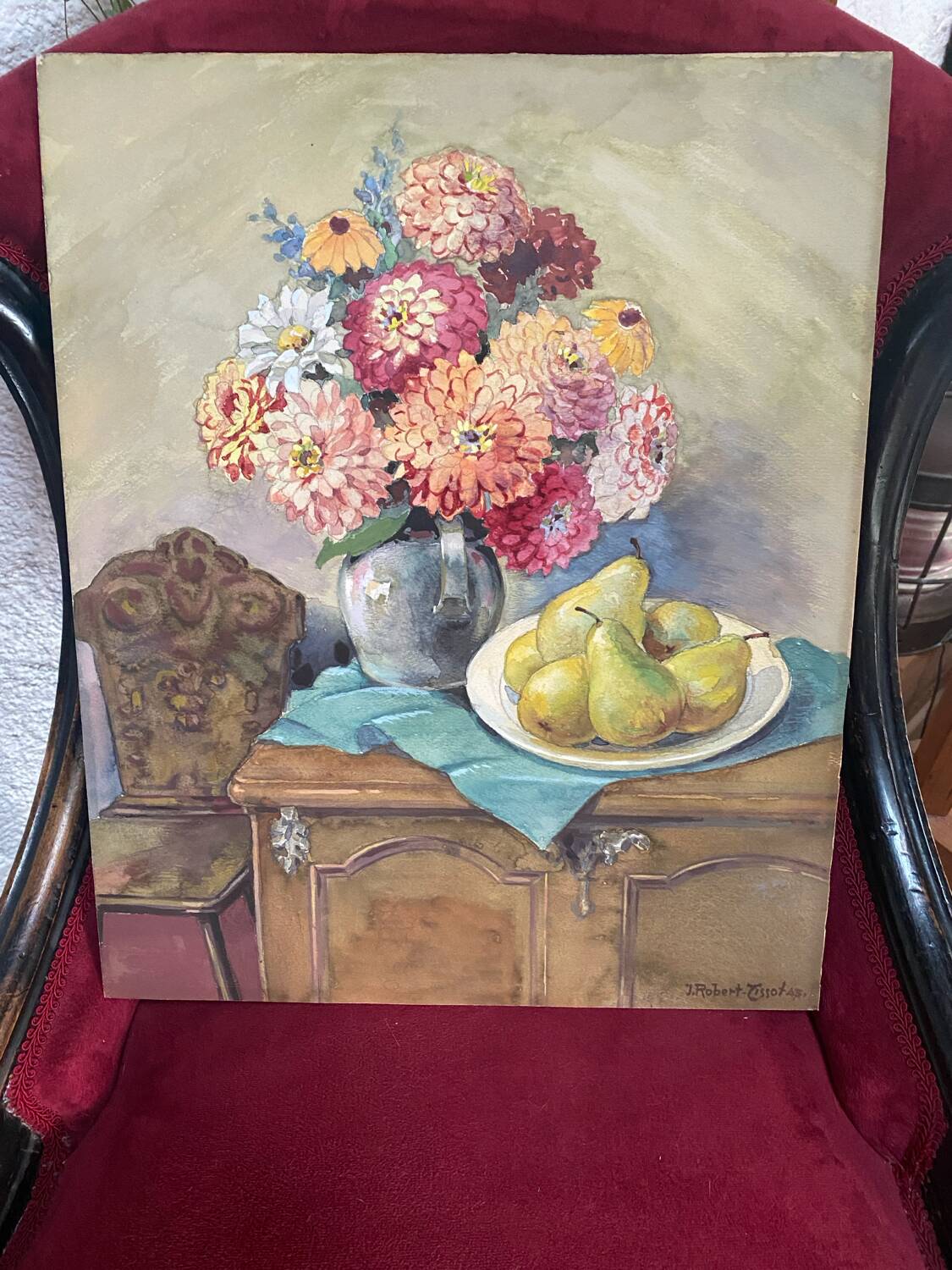 Antique watercolor still life on panel