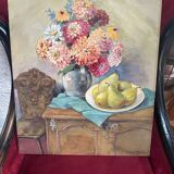 Antique watercolor still life on panel