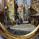 Large painting of an urban scene, oil on wood, framed, John Haanstra, vintage.