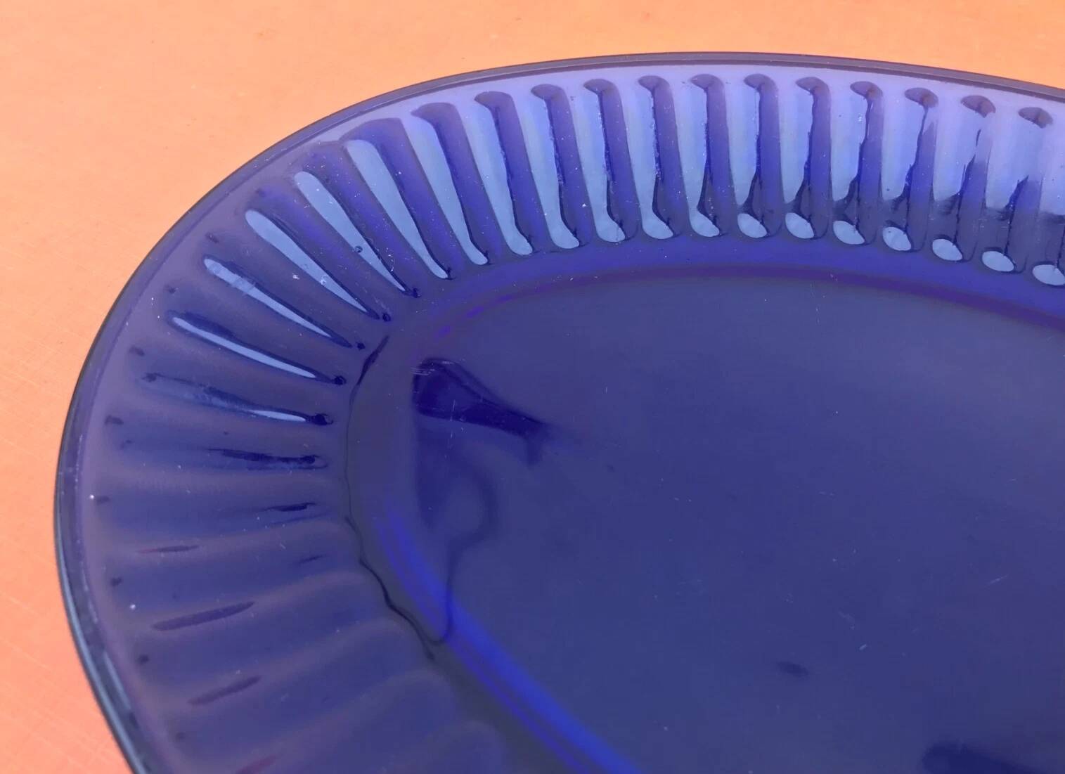 1970s oval serving dish in transparent cobalt blue glass