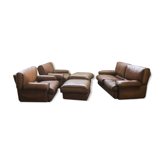 2-seater leather sofa with 2 armchairs and Roche Bobois leather footrest
