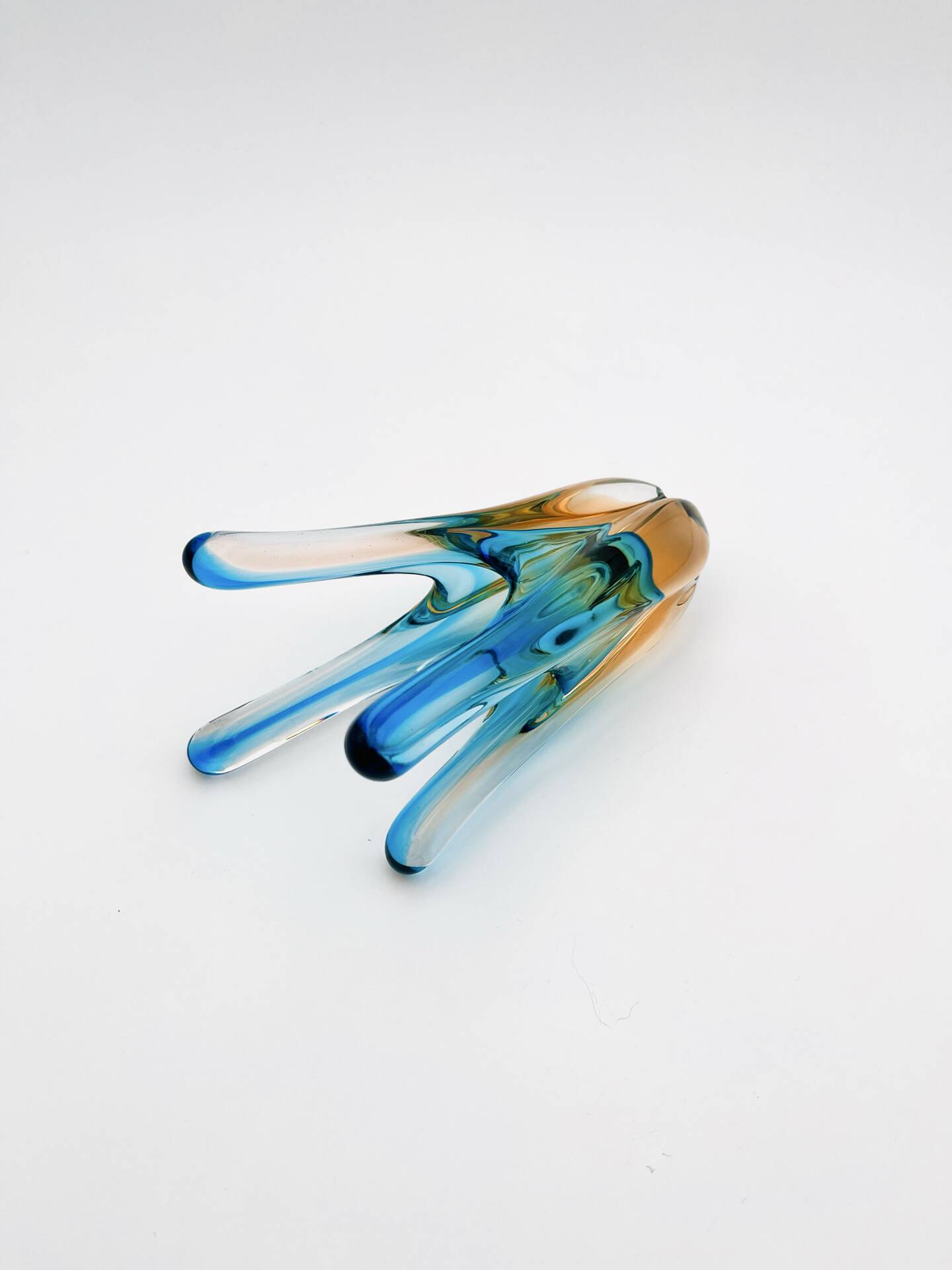 Murano Sommerso Blue Turquoise & Amber Vase Sculpture with 4 Branches 19.5cm