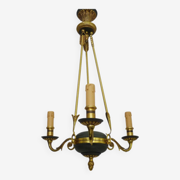 Chandelier, suspension in gilded bronze and green sheet metal with 3 arms, Empire style. Early 20th century