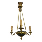 Chandelier, suspension in gilded bronze and green sheet metal with 3 arms, Empire style. Early 20th century