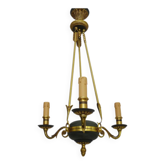 Chandelier, suspension in gilded bronze and green sheet metal with 3 arms, Empire style. Early 20th century