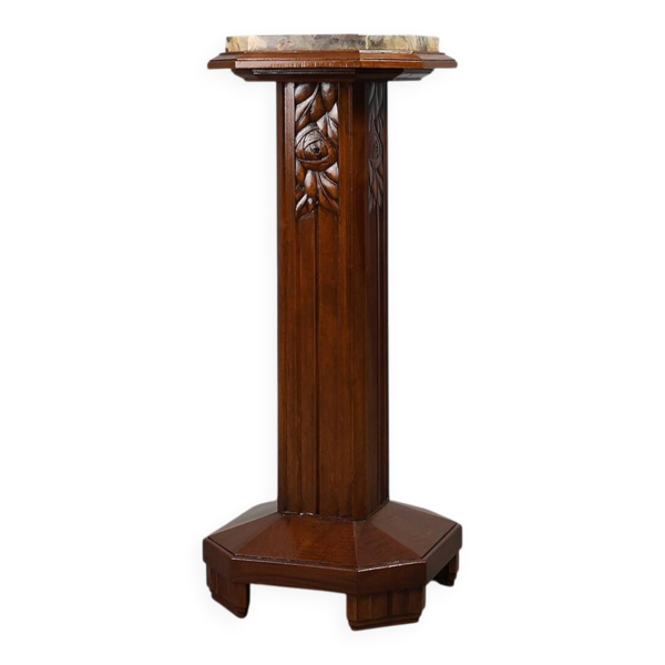 Pédestal Art Déco en chêne et marbre, France, années 1920