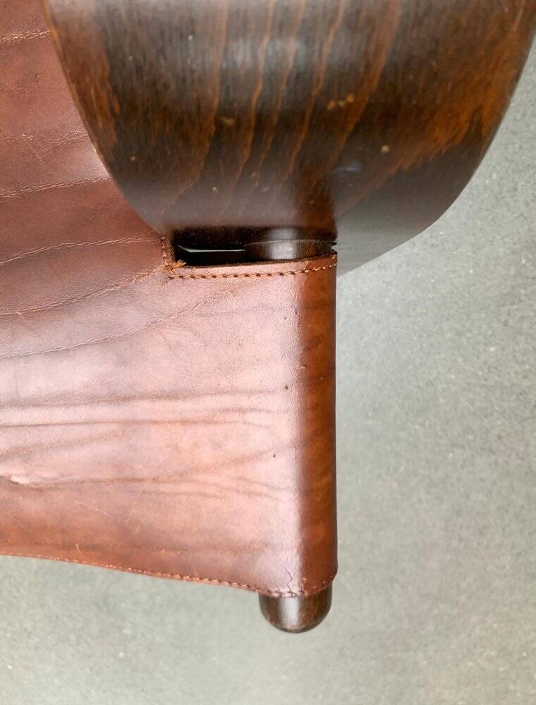 Brutalist Mid-Century Safari Armchair in Wood and Leather, 1960s