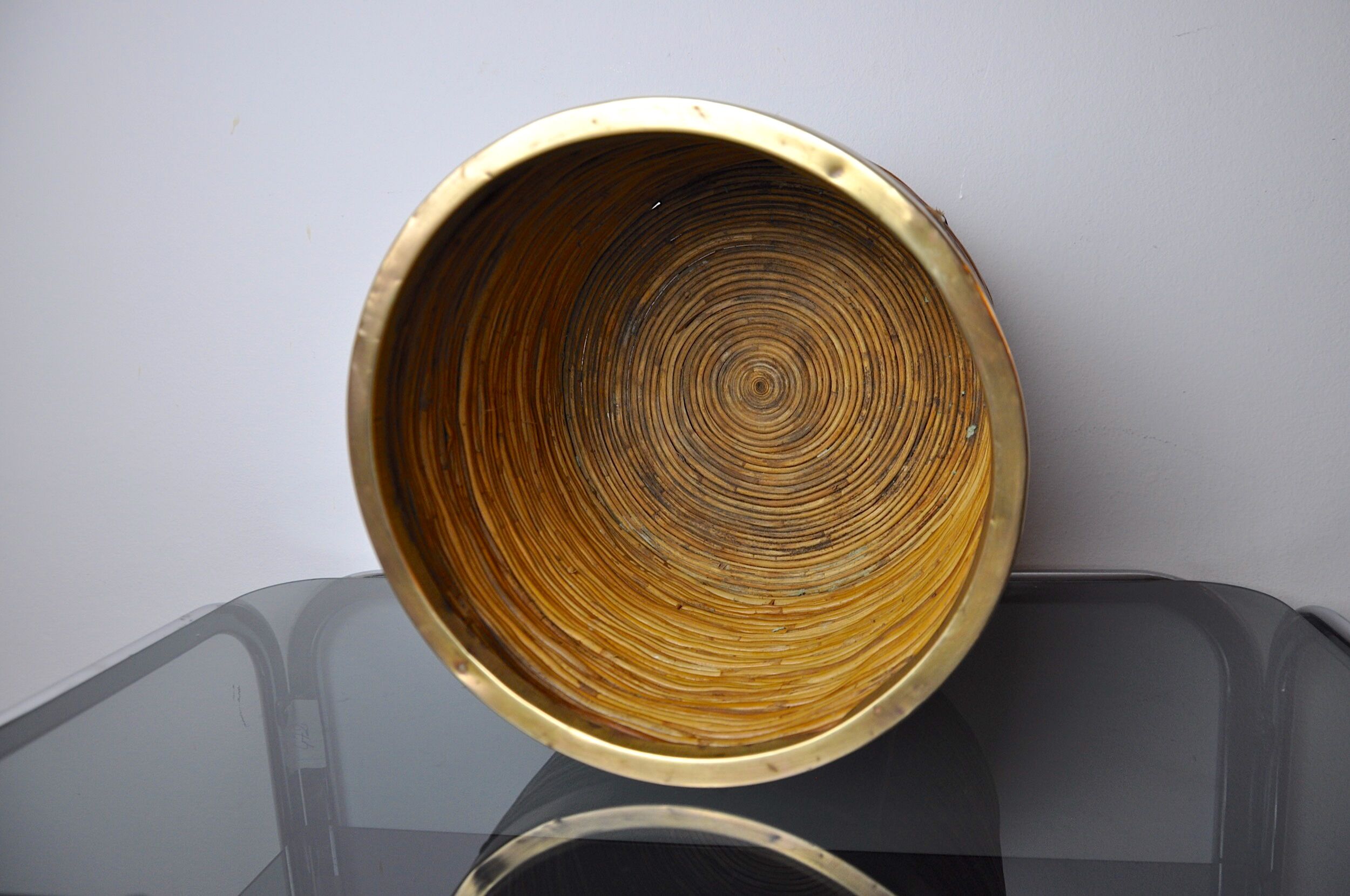 Rattan and brass planter basket, Italy, 1970