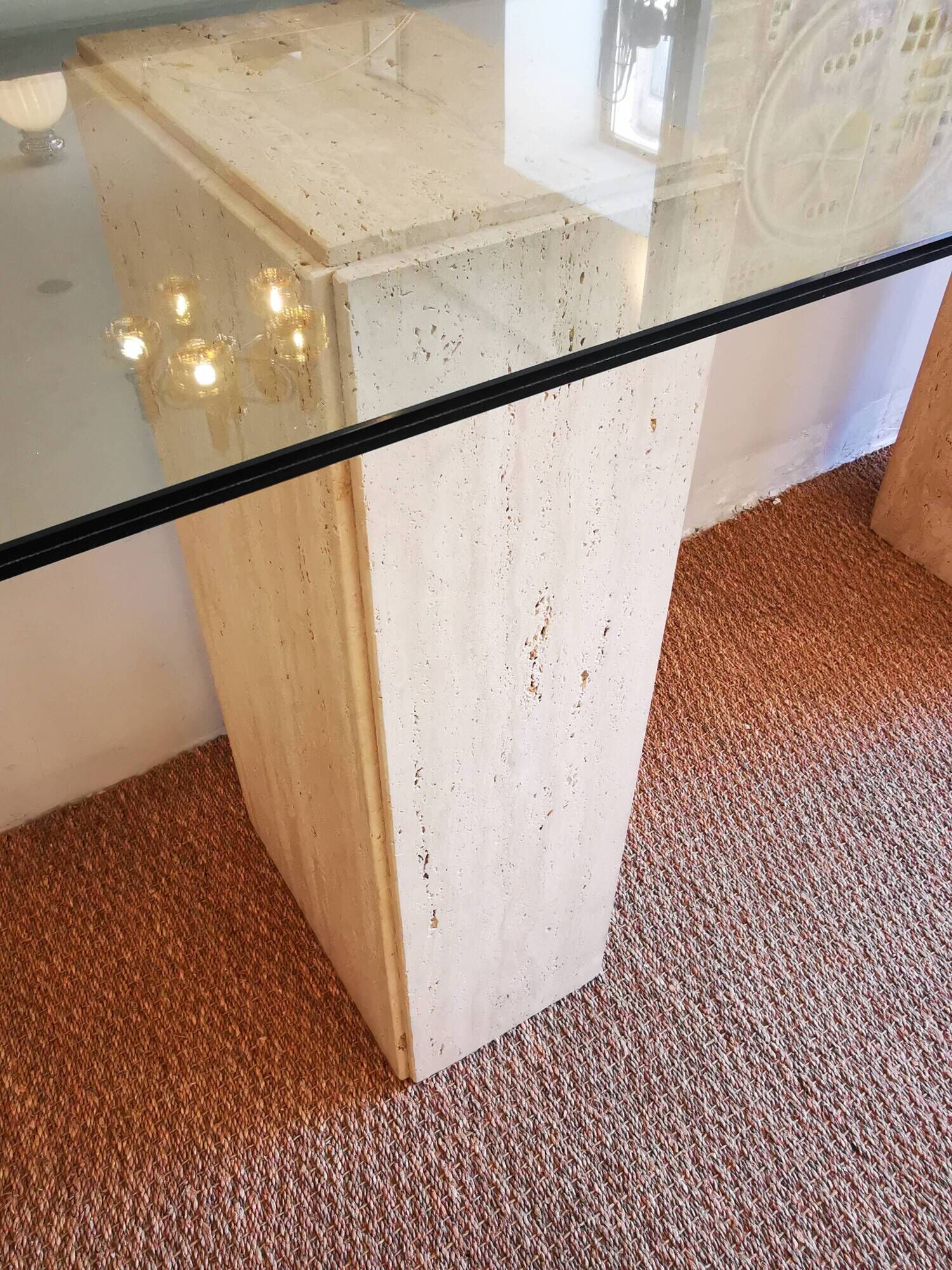 XXL vintage Italian console in travertine and glass from the 80s