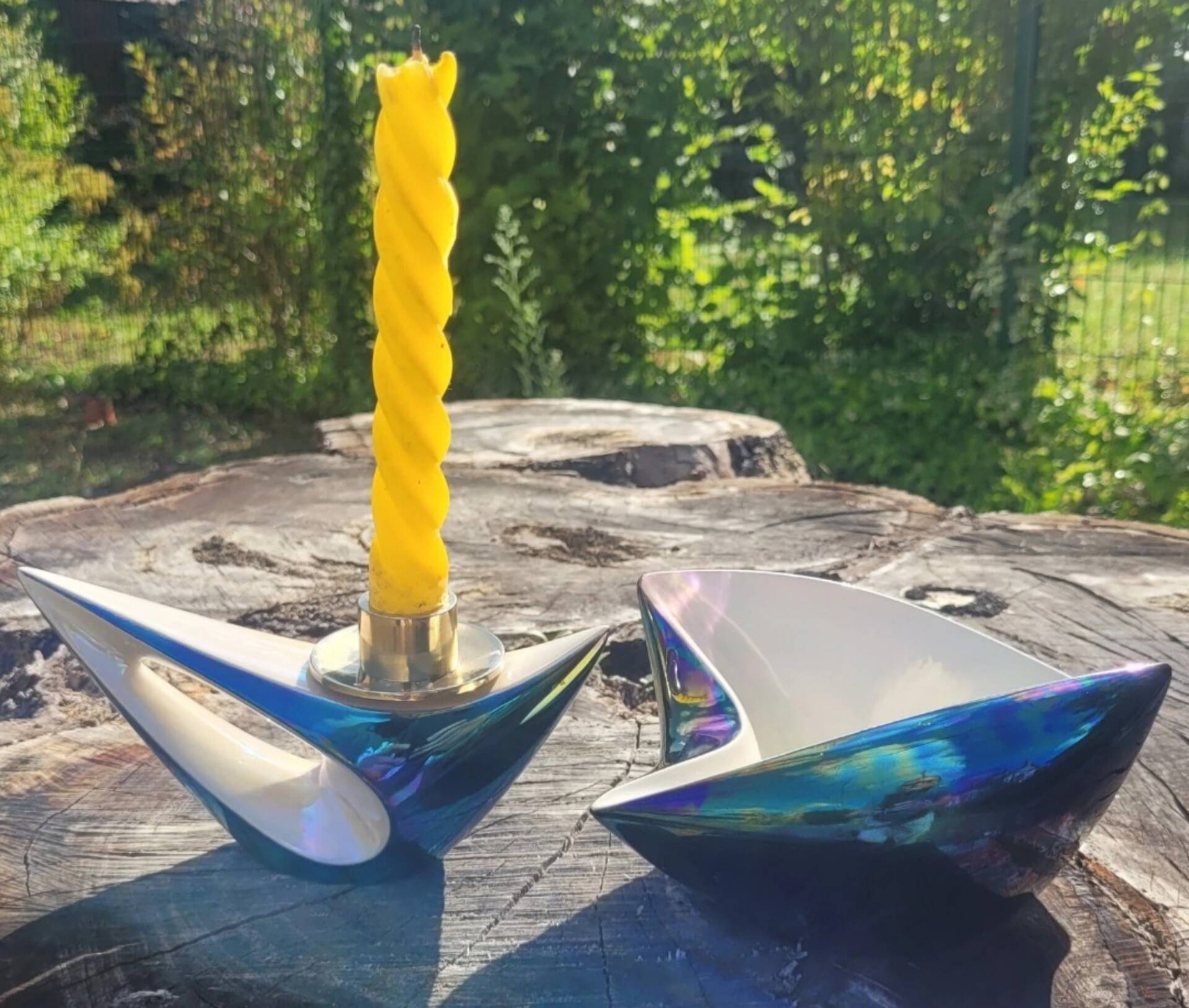 Ashtray and its pestle 6112 & candlestick 6146 Iridescent ceramic VERCERAM