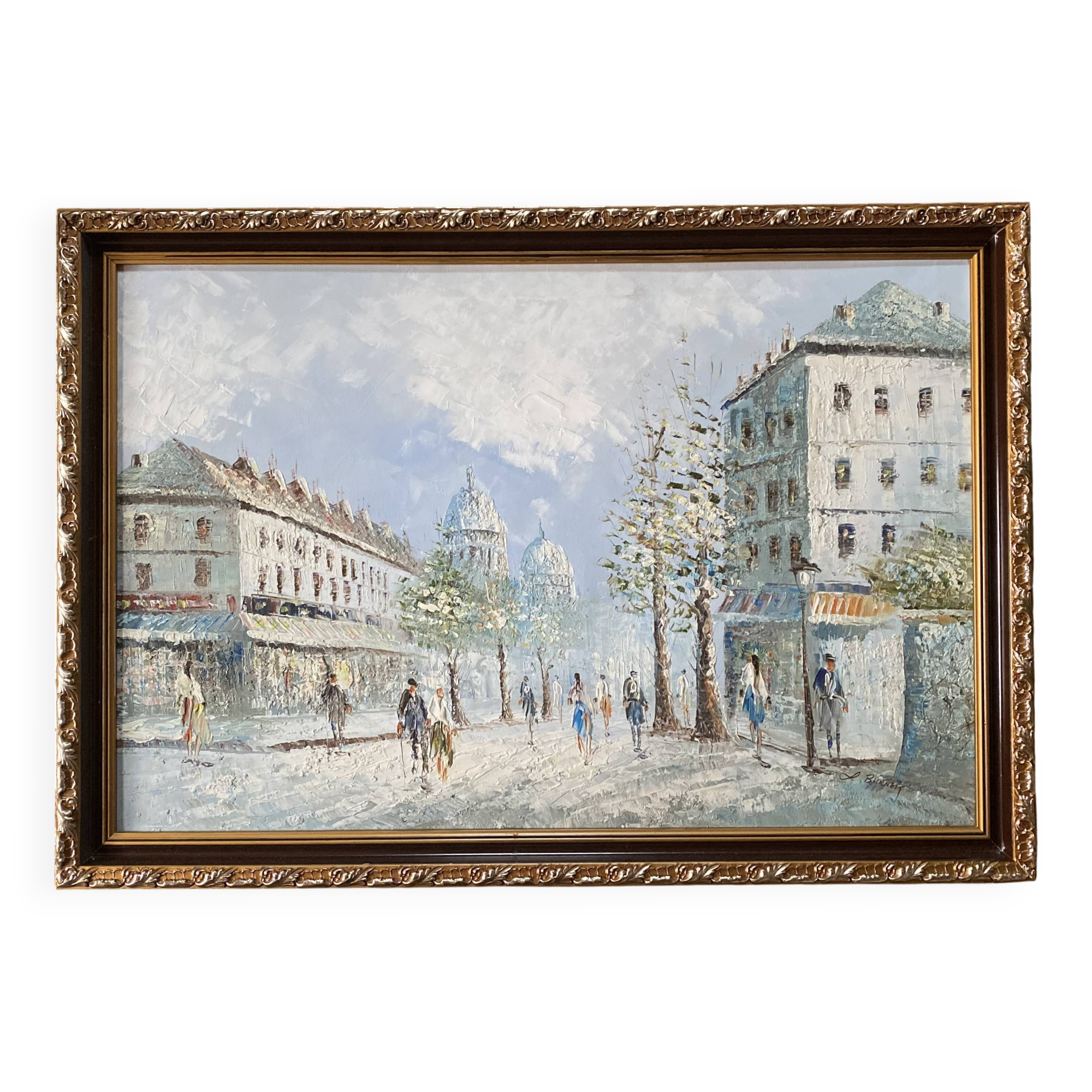 Painting by louis burnett, animated scene in montmartre, paris vintage 1950