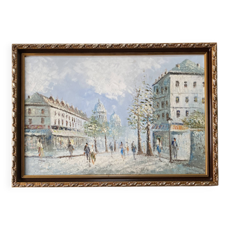 Painting by louis burnett, animated scene in montmartre, paris vintage 1950