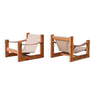 Paire de fauteuils Mid-Century en pin, cuir et toile, Pays-Bas