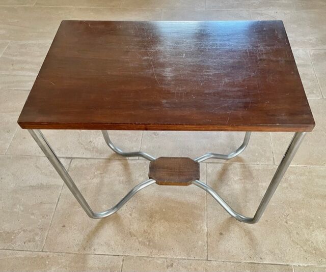 Art Deco pedestal table wood and chrome