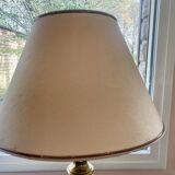 Table lamp with wooden and brass base + lampshade - Height 68 cm