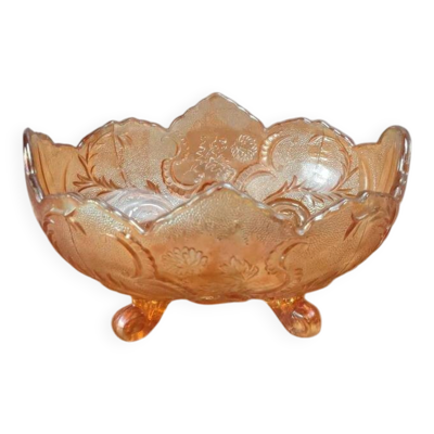 Coupe vintage en verre pressé orangé sur pieds