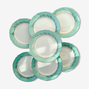 7 assiettes porcelaine St-Amand modèle picardie blanche, verte, dorée