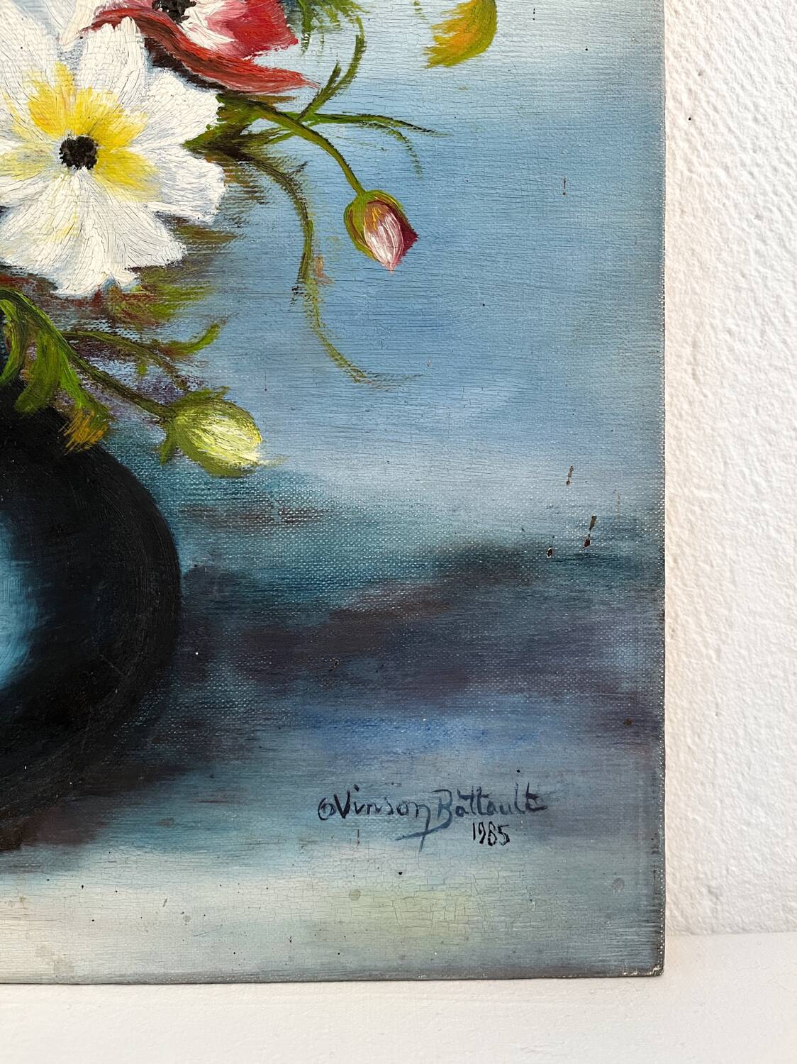 Old oil painting on cardboard bouquet of red and white anemone flowers 1985