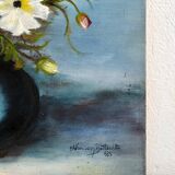 Peinture ancienne huile sur carton bouquet de fleurs anémones rouges et blanches 1985