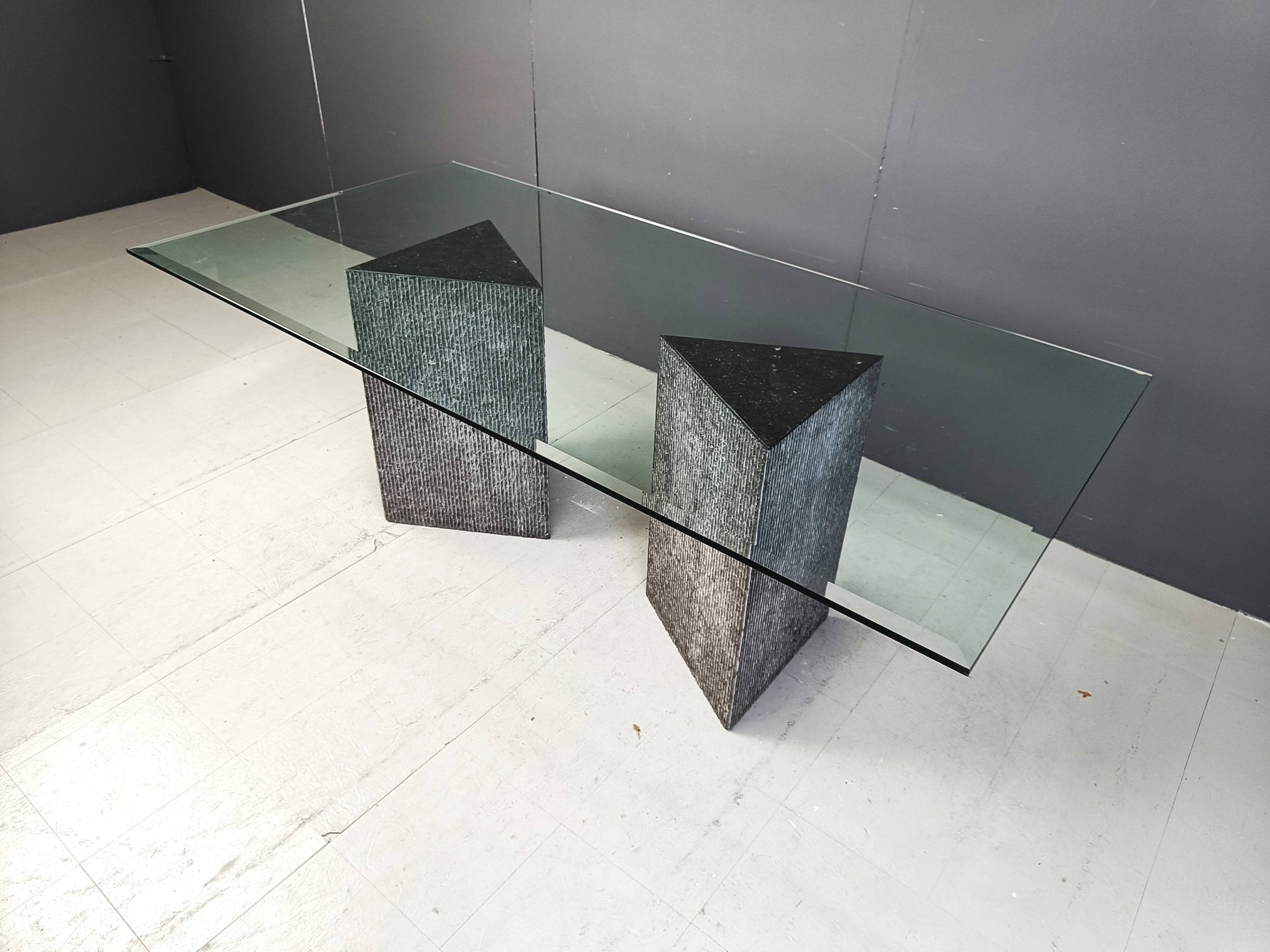 Vintage brutalist glass and marble dining table, 1970s