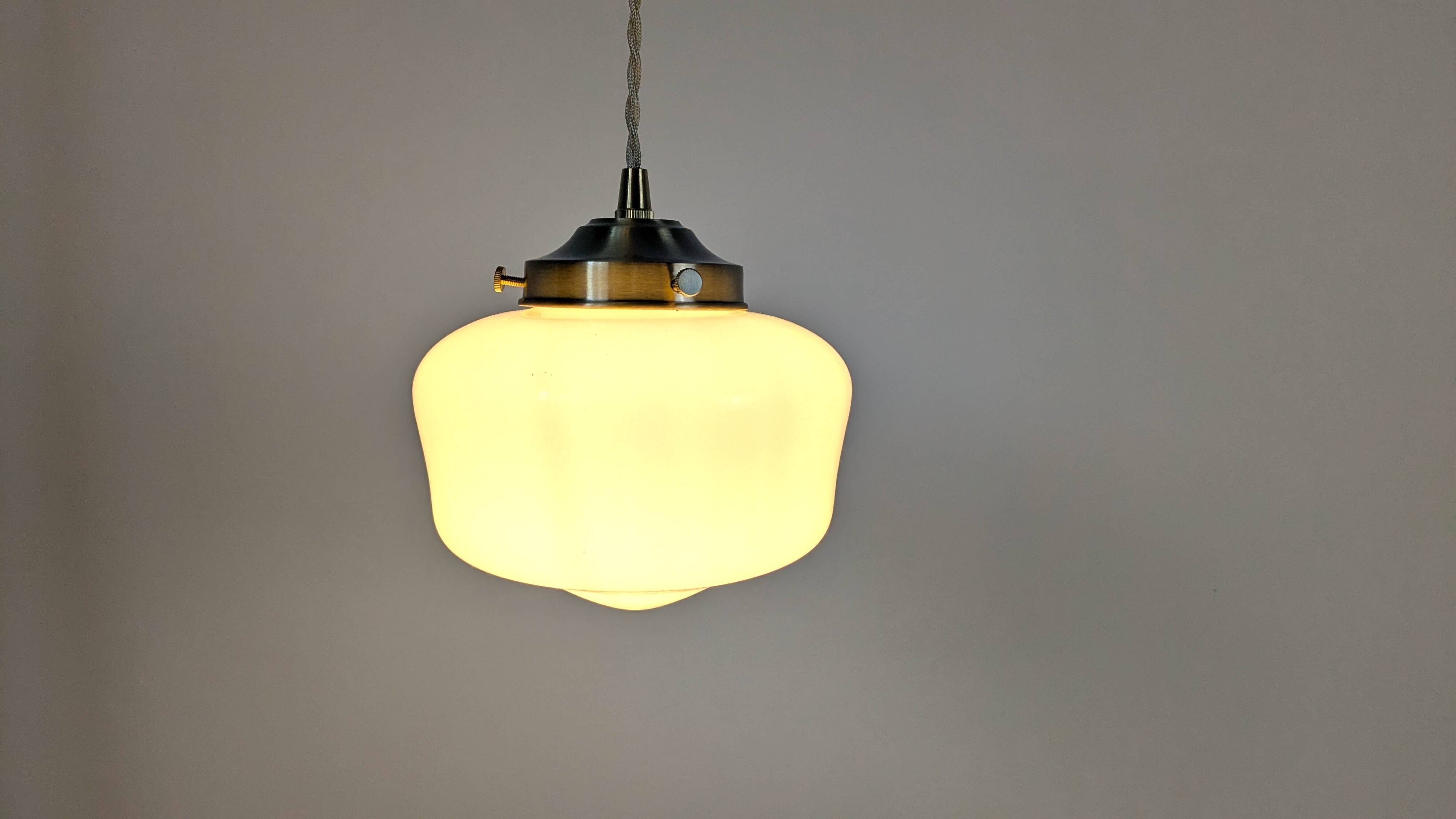 Antique opaline and brass pendant light – vintage globe 15 cm