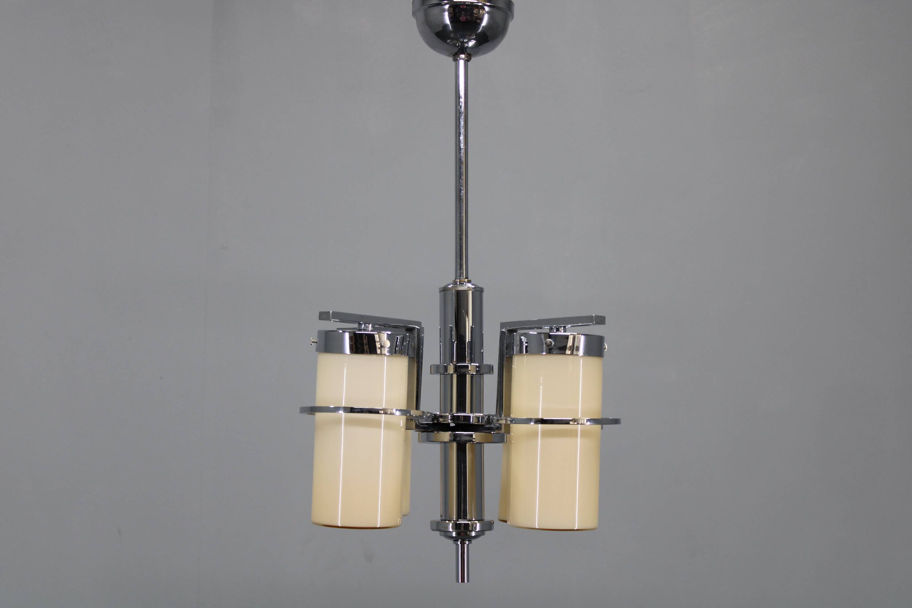 Restored Bauhaus/Art Deco chrome & glass chandelier, Czechoslovakia, 1930s