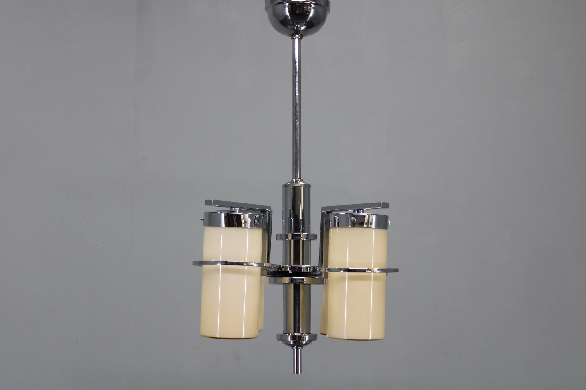 Restored Bauhaus/Art Deco chrome & glass chandelier, Czechoslovakia, 1930s