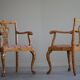 A pair of English Chippendale style armchairs in birch, 20th century, England.