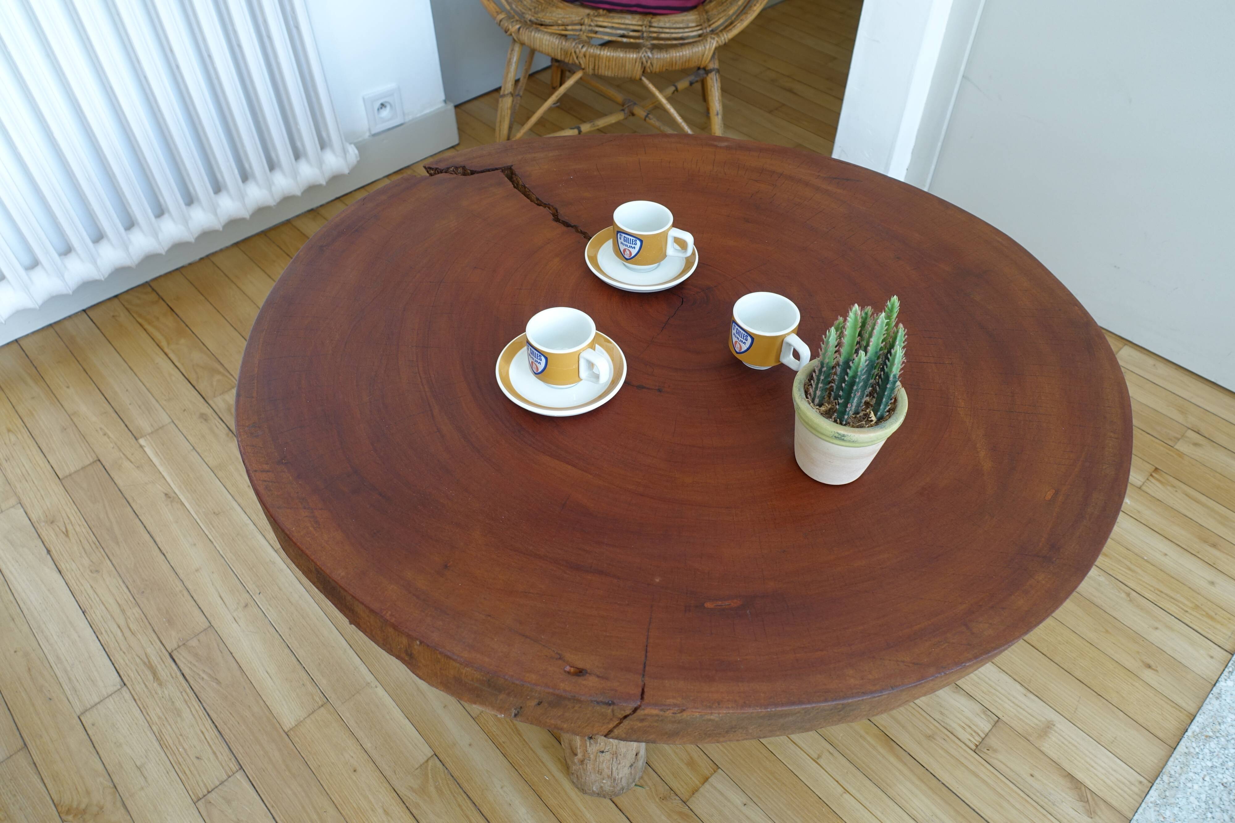 Brutalist circular coffee table in mahogany