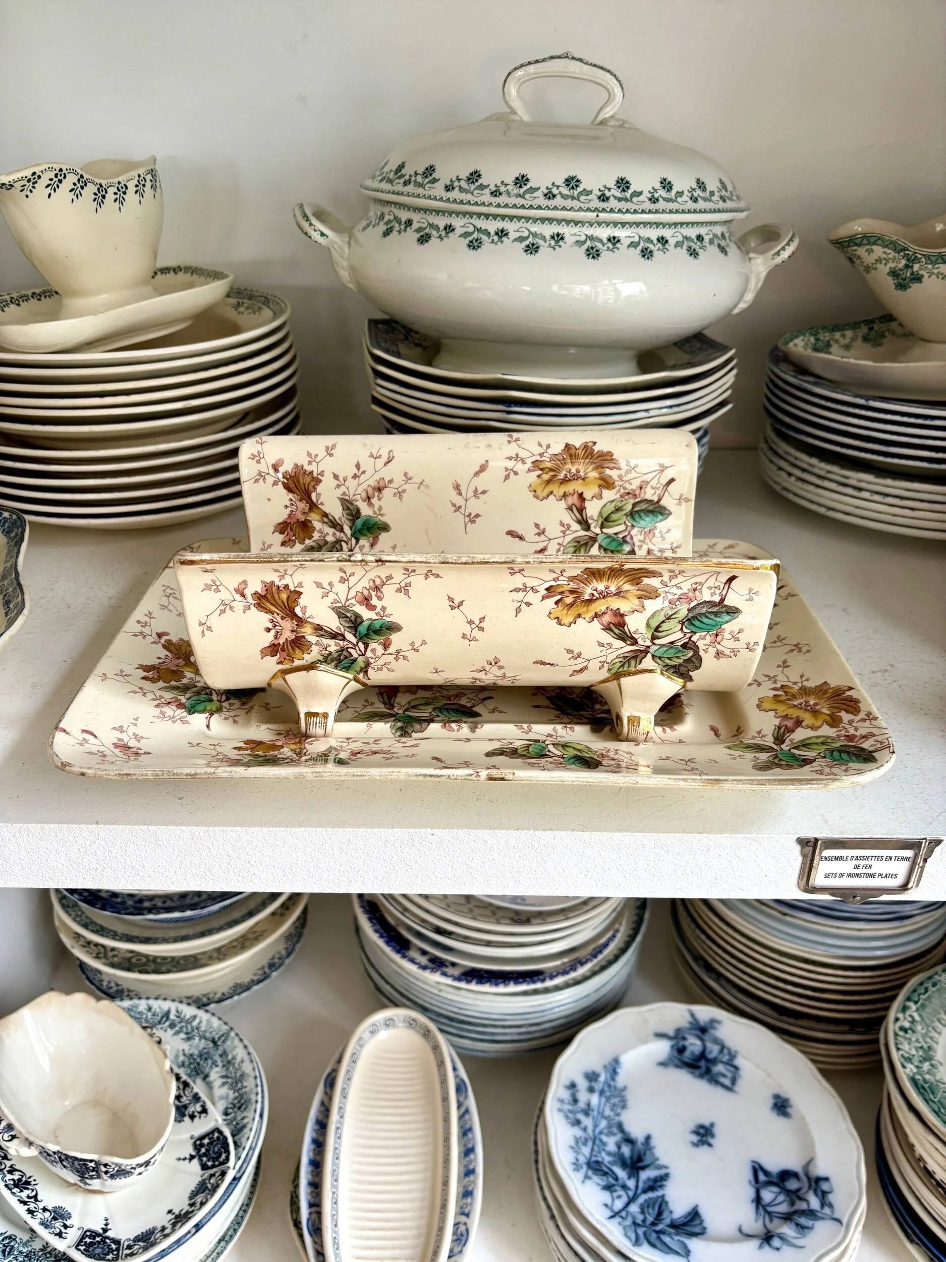 Lunéville asparagus dish in polychrome and gilded ironstone