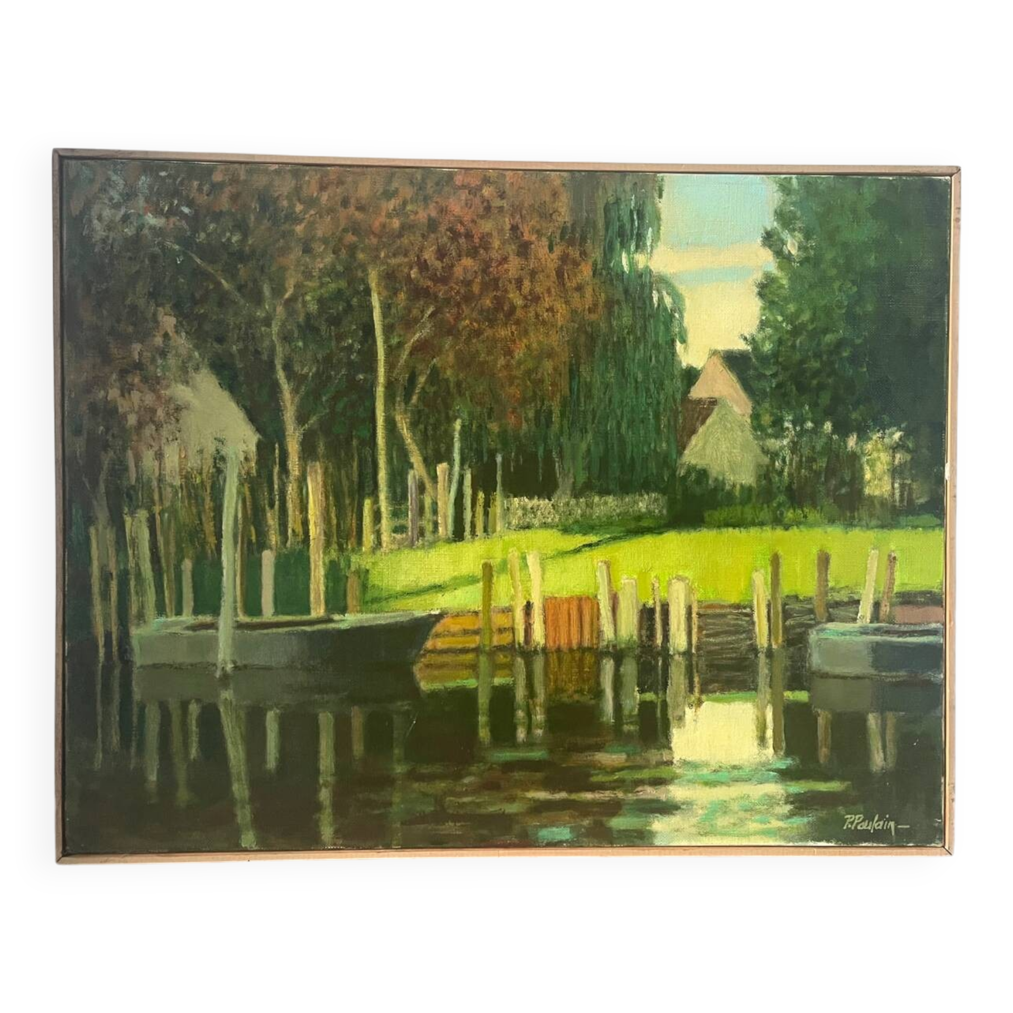 La Brière, Brittany, oil on canvas signed P Poulain