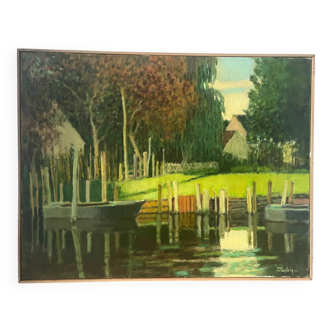 La Brière, Brittany, oil on canvas signed P Poulain