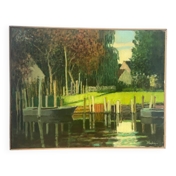 La Brière, Brittany, oil on canvas signed P Poulain