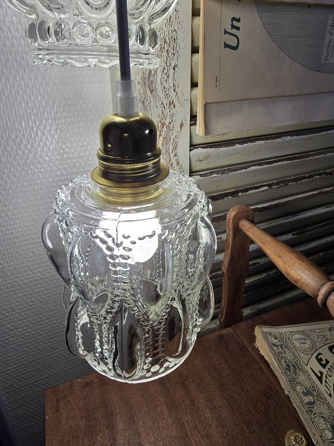 Suspension double globes antique blown glass moulded type Tynell