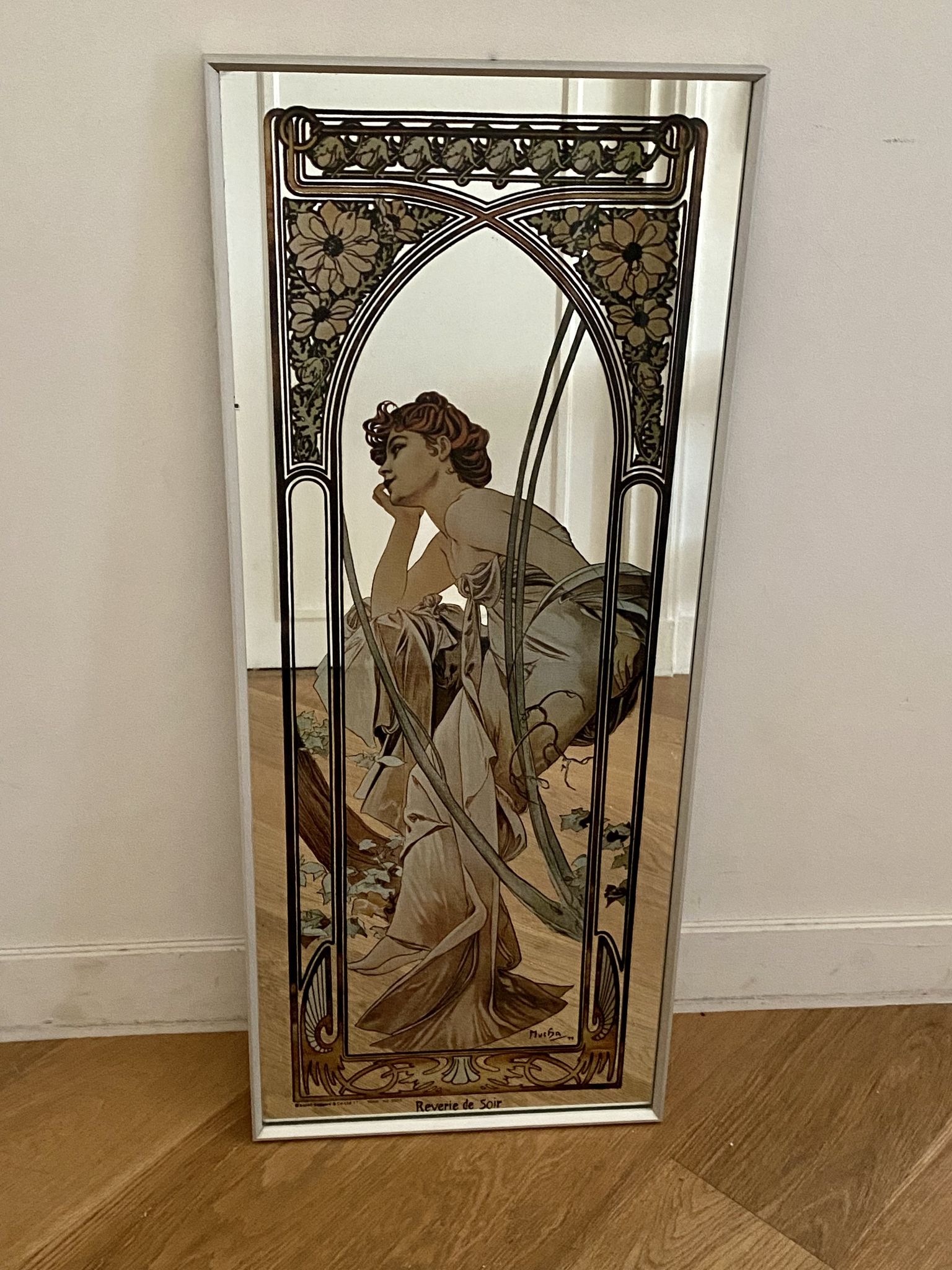 Silkscreened mirror after Mucha Rêverie du soir
