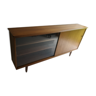 Mid Century Vintage Teak Sideboard Display Bookcase Cabinet 1960'S Sliding Glass And Teak Doors