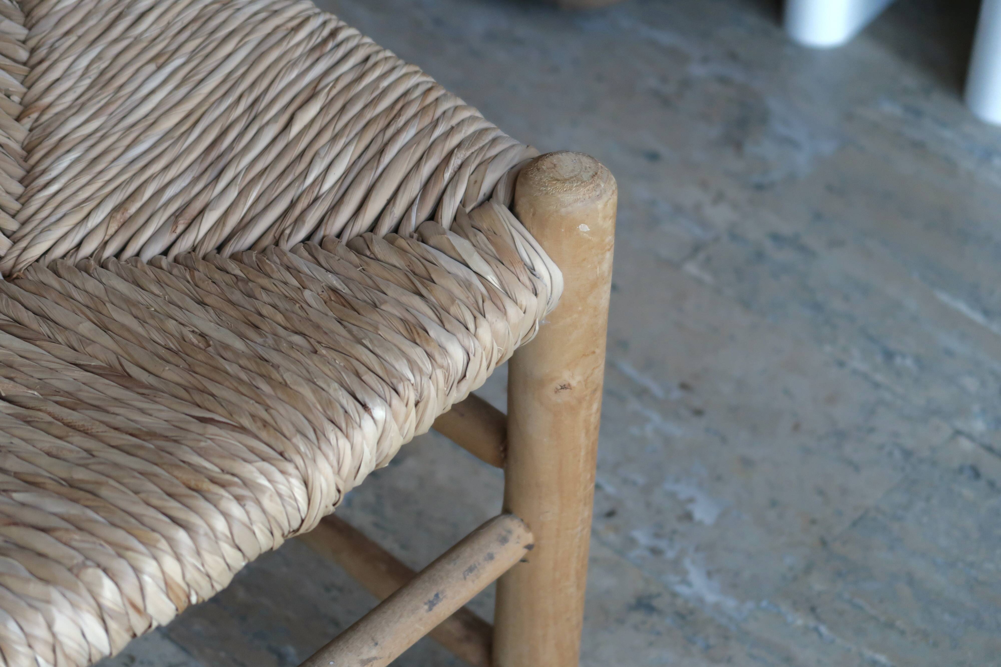Low wooden straw stool, 1950s
