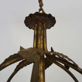 Vintage cage chandelier in aged golden metal and foliage, antique lighting, 3-burner chandelier. Year 60