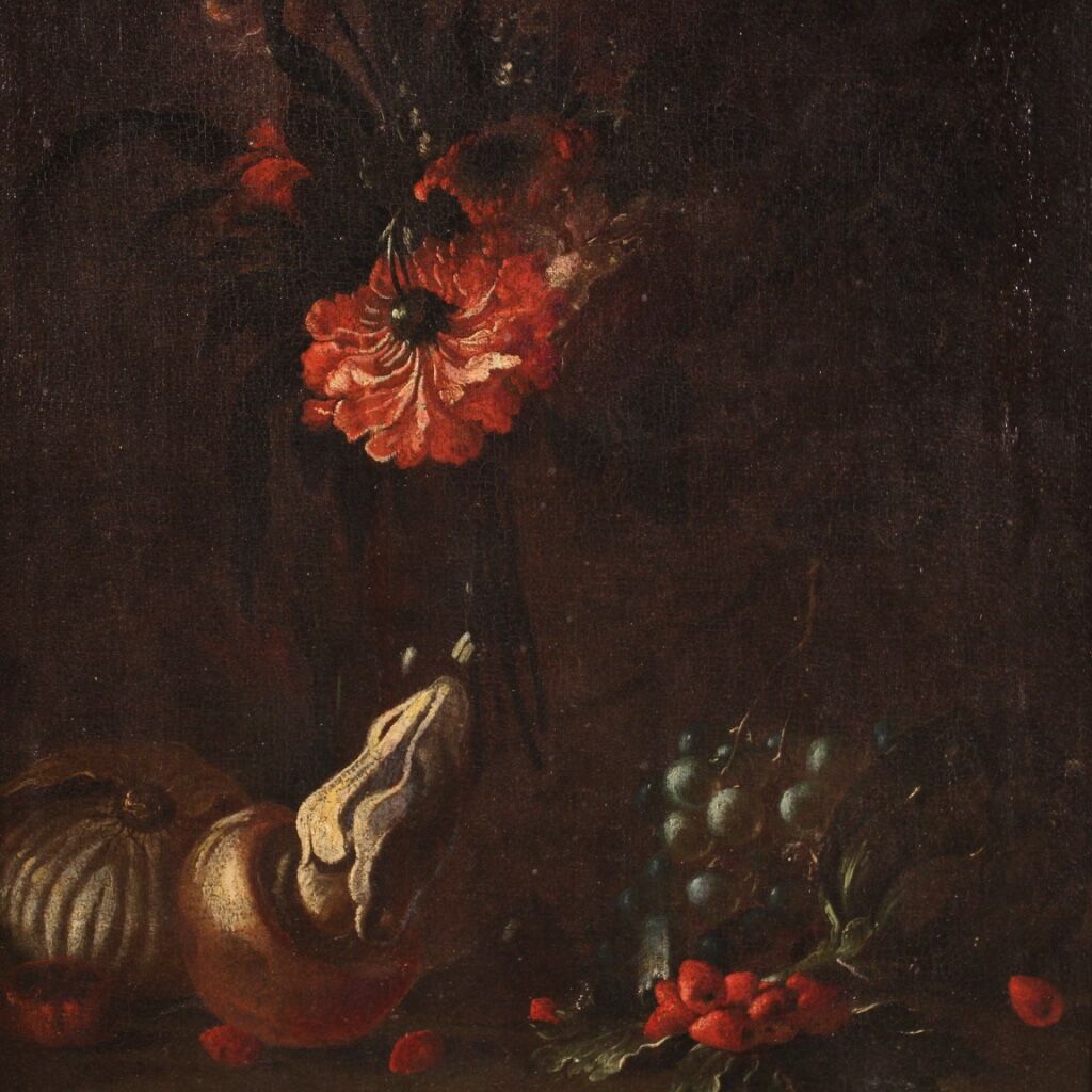 Antique 17th century still life with flowers and fruit