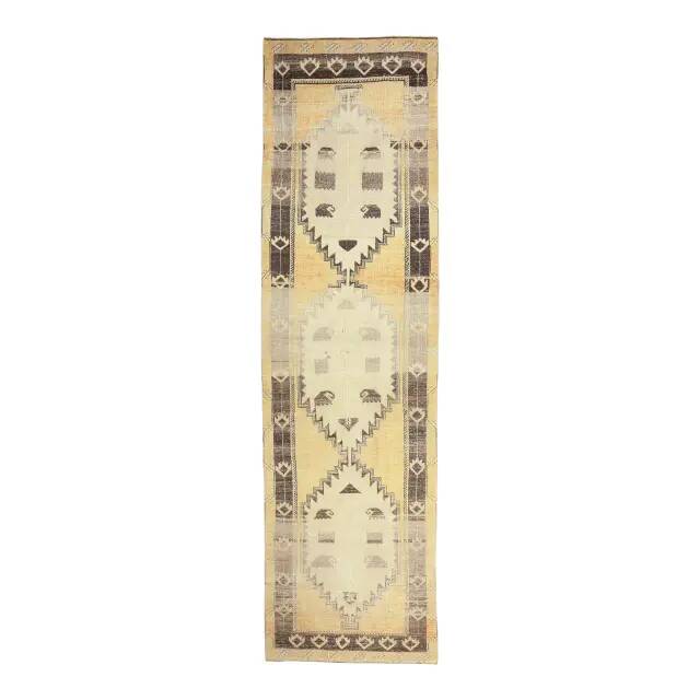 Vintage Gold-Beige Turkish Hand-Knotted Hallway Runner 115x419