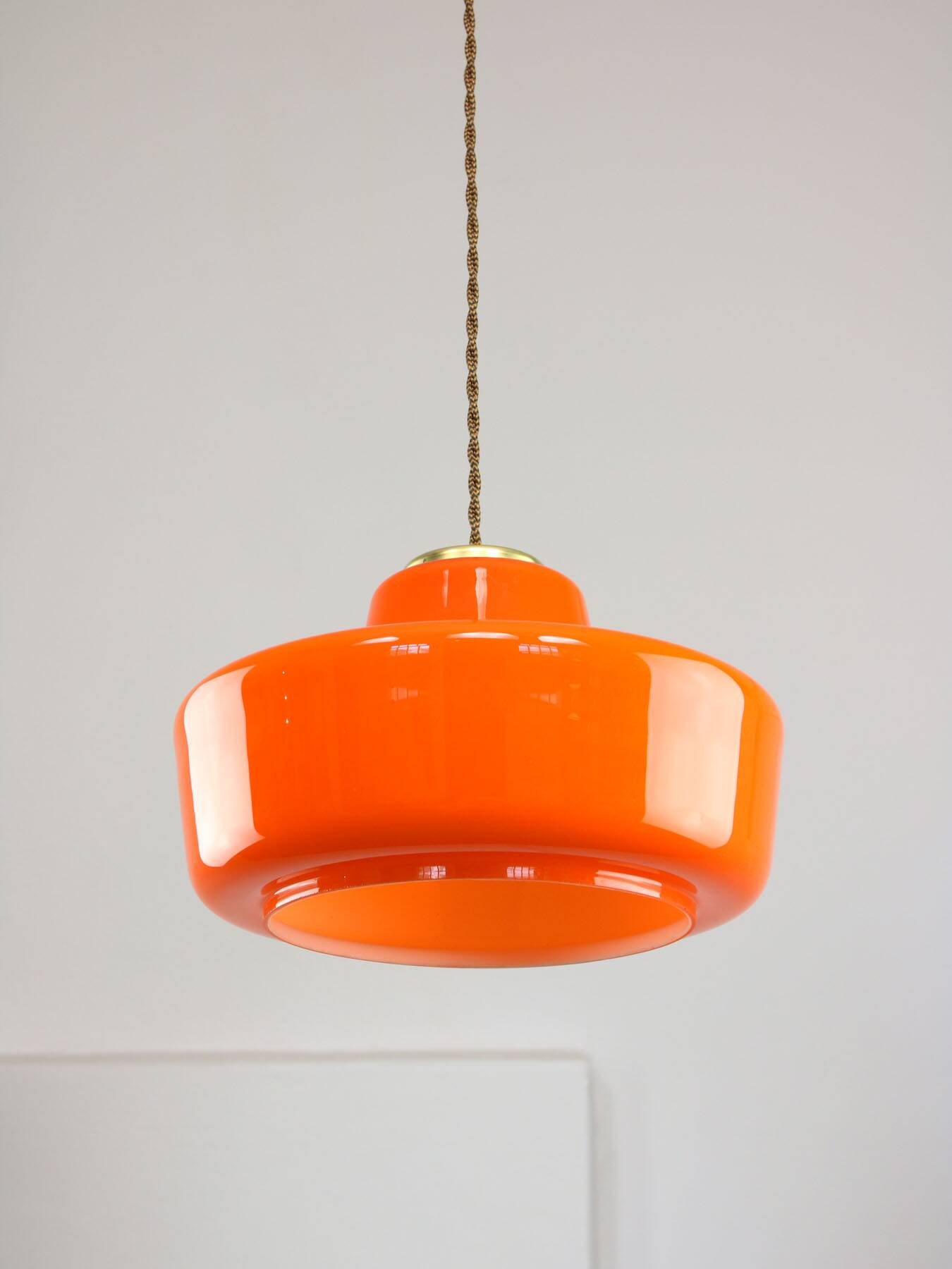 Mid-Century Modern Italian Orange Glass and Brass Pendant Lamp