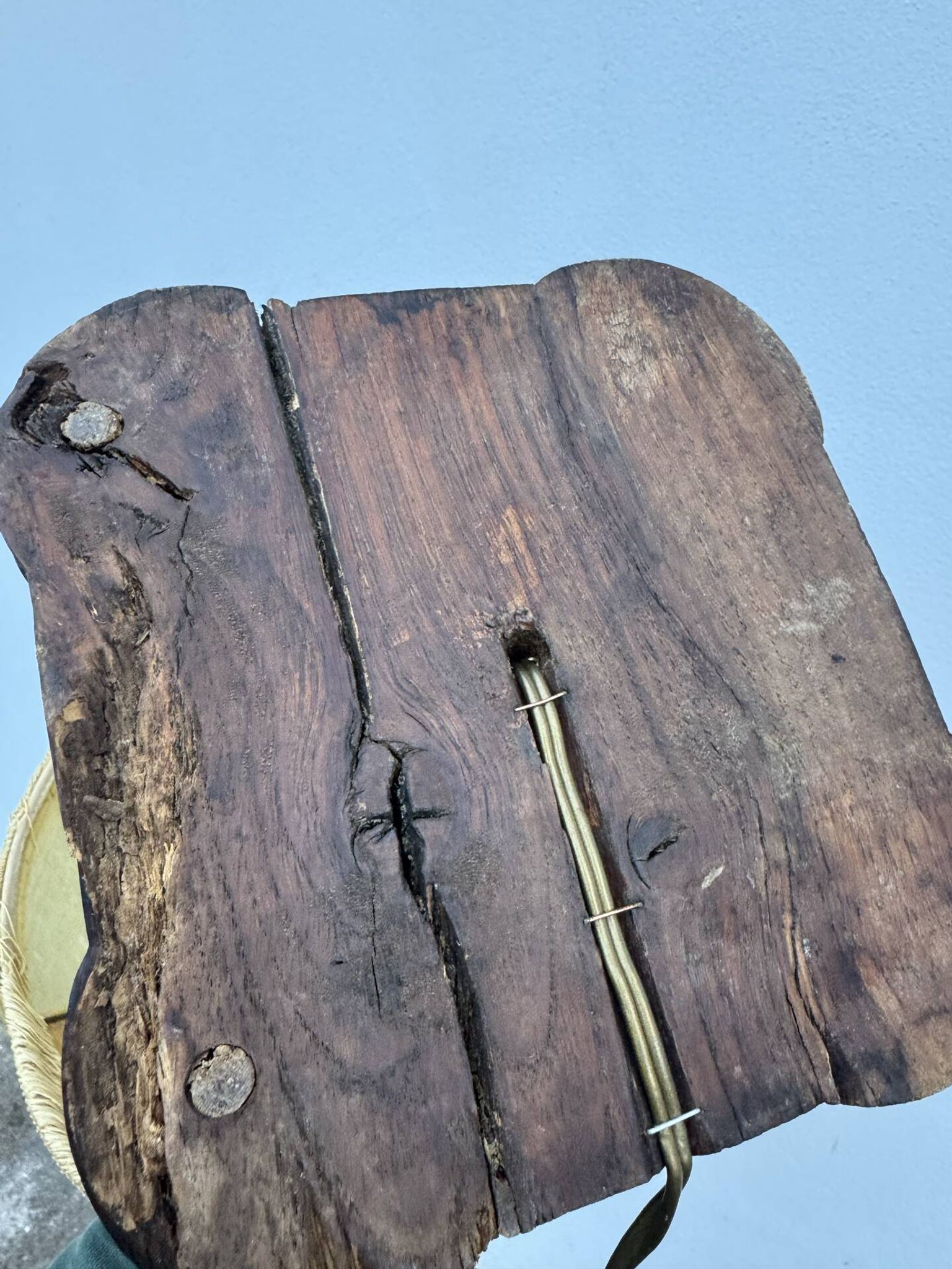 Sculpted wooden lamp with faces, antique.