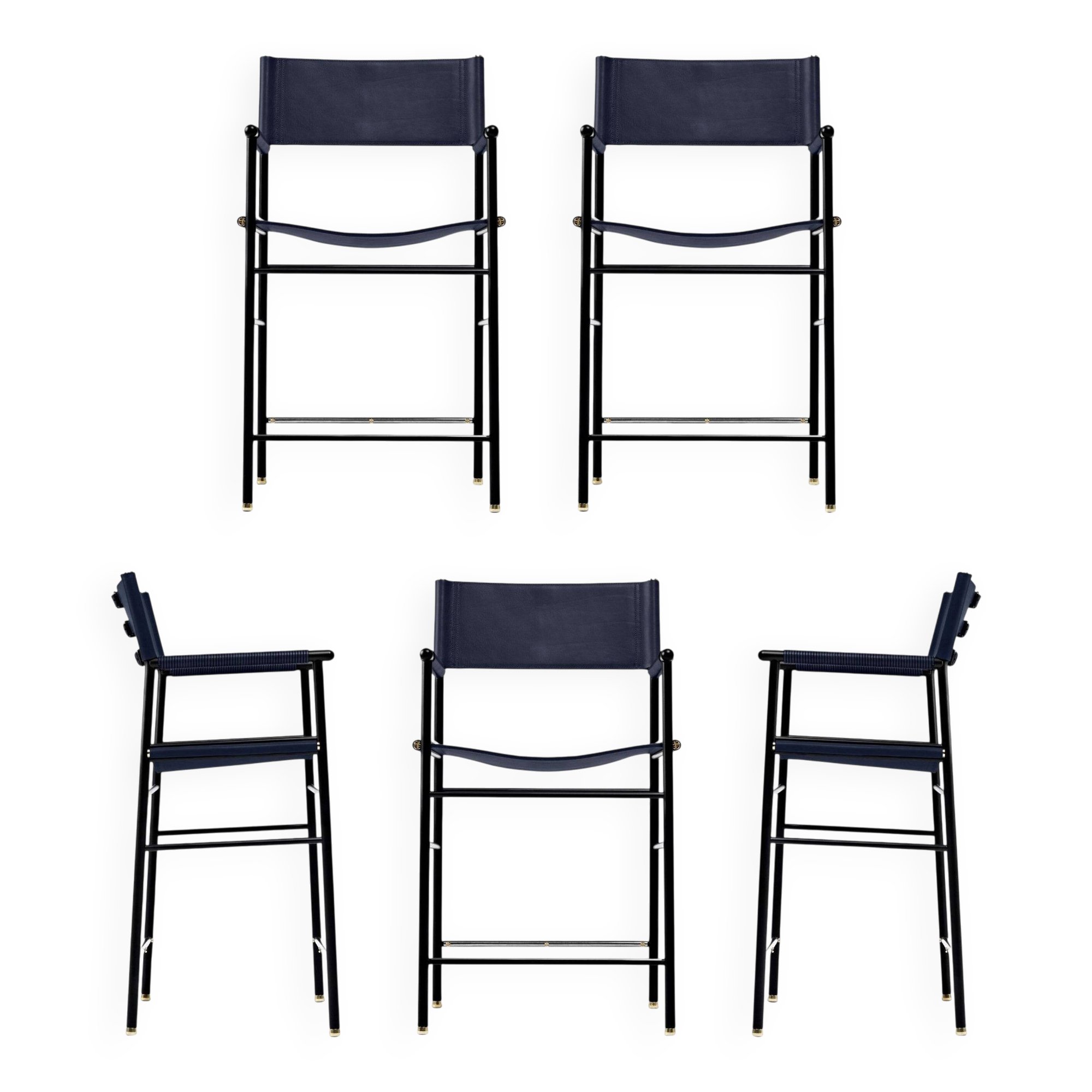 Set of 6 counter-height stools with navy blue leather backrest and rubber metal.